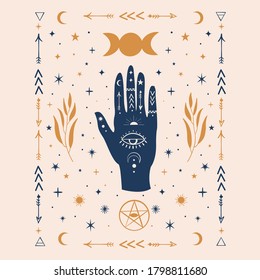 Hamsa Hands graphic illustration with mystical and occult hand drawn symbols like triple goddess moon, pentacle, evil eye. Vector illustration. Halloween,wicca, astrological and esoteric concept.