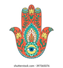 Hamsa henna tattoo with ethnic ornament. Colorful indian pattern. Illustration in zentangle style. 