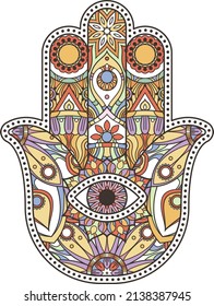 Hamsa icon. Asian hand amulet with color ornament