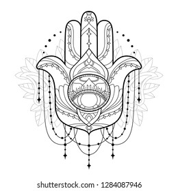 Hamsa icon. Monochrome vector illustration is isolated on a white background. Esoteric protective amulet hand of Fatima. Decorative element with east motives for design.