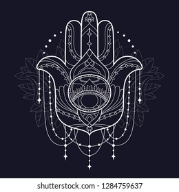 Hamsa icon. Monochrome vector illustration is isolated on a blue background. Esoteric protective amulet hand of Fatima. Decorative element with east motives for design.Version of the page for coloring