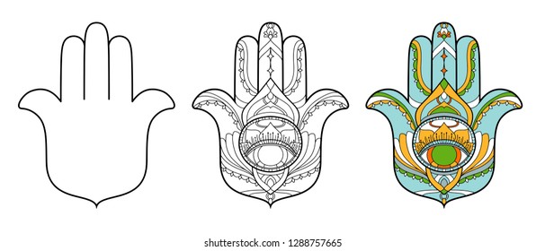 Hamsa icon set. Vector illustration is isolated on a white background. Esoteric protective amulet hand of Fatima. Decorative element with east motives for design