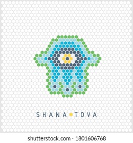 Hamsa icon shaped honeycomb. Vector illustration for Jewish new year holiday Rosh Hashanah. Flat design for greeting card, invitation, poster, web, sticker and t-shirt. Greeting text Shana tova