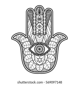 Hamsa jewish amulet. Coloring book vector illustration.