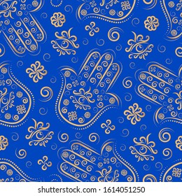 Hamsa line ornament vector seamless pattern. Hamsa Arab, Jewish palm protective amulet seamless texture. Textile, wrapping paper, wallpaper design. Miriam, Fatima, God hand. Stock illustration Ramadan.