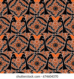 Hamsa magic  hand seamless pattern. Ethnic black background with tribal orange ornaments, eyes and paisley flowers. Vector endless texture for fabric, wallpapers, prints, textile. Hamsa hand of Fatima