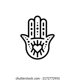 Hamsa minimalist icon. Heart shape. Black outline. Concept of evil eye protection and misfortunes. Vector illustration, flat design