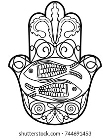 Hamsa, Miriam hand symbol with floral ornament and two fishes. Symbol of protection. Monochrome drawing, monoline black outline. Vector EPS 10