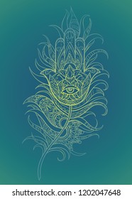Hamsa palm with an eye in a feather