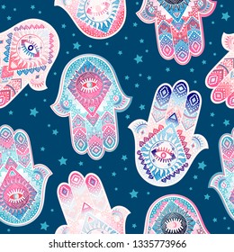 Hamsa print design. Aztec towel, yoga mat. Vector lace Henna tattoo style. Can be used for textile, greeting business card background, phone case print