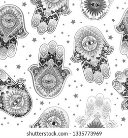 Hamsa print design. Aztec towel, yoga mat. Vector lace Henna tattoo style. Can be used for textile, greeting business card background, phone case print