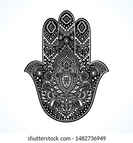 Hamsa print design. Aztec towel, yoga mat. Vector lace Henna tattoo style. Can be used for textile, greeting business card background, phone case print