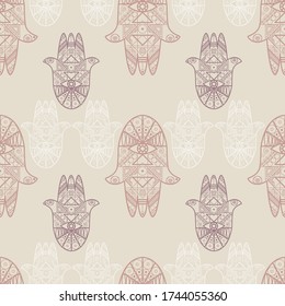 Hamsa seamless pattern. The Hand of Fatima. The Hand of Mary. The Hand of Miriam. The Hand of the Goddess. Khamsa. Geometric ornament. Stock vector outline.