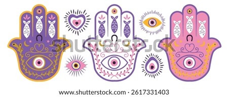 Hamsa set, hand of Fatima, soret and protection amulets set hand drawn. Exoteric and spiritual icons. For print, pattern, decoration. Vector illustration.