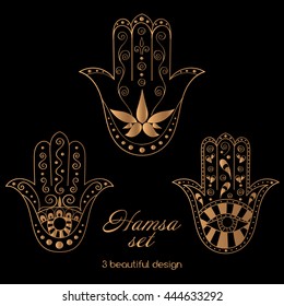 Hamsa set vector. Golden black oriental ornament. Hand of Fatima - arabic symbol.  Lucky talisman.