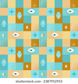 Hamsa, Еvil Еye, stars and dots seamless in turquoise and gold on plaid background. Can be used for fashion, home decor graphics such as textile all-over print, for covering, wrapping and decoration