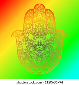 Hamsa symbol. Fatima hand pattern. Vector illustration. Indian mandala ornament for adult coloring books. Asian authentic background.
