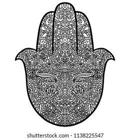 Hamsa symbol. Fatima hand pattern. Vector illustration. Indian mandala ornament for adult coloring books. Asian black and white authentic background.