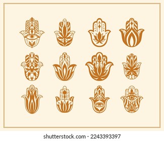 Hamsa symbol hand Fatima for protection from the evil eye. Graphic symbol set for logo or pendant jewelry .Vector illustration.