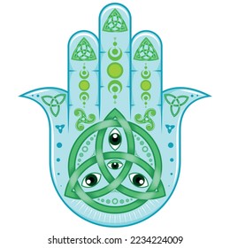 Hamsa symbol vector design with celtic style triquette and triskelion, hand of fatima symbol, illustration of Jamsa with god's eye