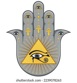 Hamsa symbol vector design with egyptian eye of horus, hand of fatima symbol