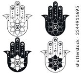 Hamsa symbol vector design with lotus flower and yin yang, hand of fatima symbol, illustration of Jamsa with god