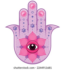 Hamsa symbol vector design with lotus flower and yin yang, hand of fatima symbol, illustration of Jamsa with god's eye