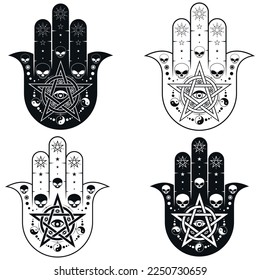 Hamsa symbol vector design with pentagram and skulls, hand of fatima symbol, illustration of Jamsa with god's eye
