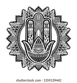 Hamsa talisman religion Asian. Black color graphic in white background. Symbol of protection and talisman against the evil eye.Tattoo motif.Vector illustration