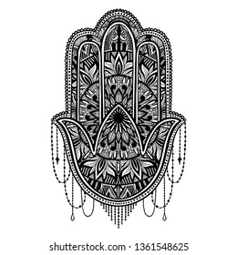 Hamsa talisman religion Asian. Black color graphic in white background. Symbol of protection and talisman against the evil eye.Tattoo motif.Vector illustration