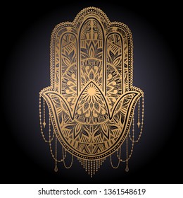 Hamsa talisman religion Asian. Gold gradient color graphic in black background. Symbol of protection and talisman against the evil eye.Tattoo motif.Vector illustration