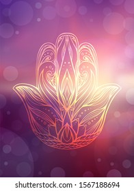 Hamsa with tribal pattern on blurred ocean and sunset background. Buddha hand. Calmness and pacification. Vector element for greeting cards, banners and your creativity.