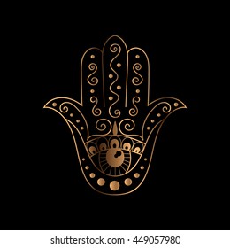 Hamsa vector. Golden black oriental ornament. Hand of Fatima - arabic symbol.  Lucky talisman.