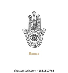 Hamsa, vector illustration in engraving style. Vintage pastiche of magical and mystical symbol. Drawn sketch of esoteric sign.