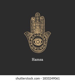 Hamsa, vector illustration in engraving style. Vintage pastiche of magical and mystical symbol. Drawn sketch of esoteric sign.