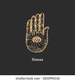 Hamsa, vector illustration in engraving style. Vintage pastiche of magical and mystical symbol. Drawn sketch of esoteric sign.
