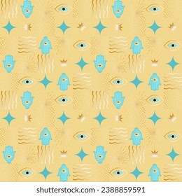 Hamsas, Еvil Еyes, stars, dots and waves seamless in turquoise on golden background. Can be used for fashion, home decor graphics such as textile all-over print, for covering, wrapping, decoration