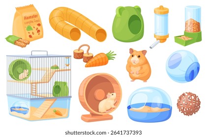 Hamster accessories. Domestic rat pet supplies, animal cage mouse house ball toy home rodent running wheel food water bottle cute gerbil cartoon vet set, neat vector illustration original artwork