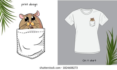 Hamster baby in t shirt pocket. Funny animals in my pocket design. Good for t-shirt design for toddlers and kids