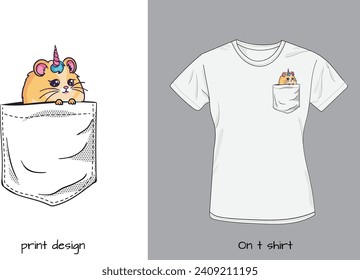 Hamster baby in t shirt pocket. Funny animals in my pocket design