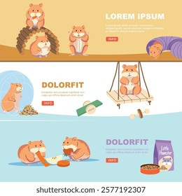 Hamster banner. Domestic animals playing and eating. vector cartoon funny hamsters illustrations