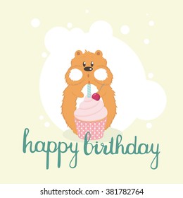 Hamster blowing off a candle on a cherry cupcake. Isolated on yellow and white background. Happy birthday greeting card. Vector illustration. Hand drawn lettering.