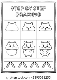 Hamster. Book page, drawing step by step. Black and white vector coloring page.