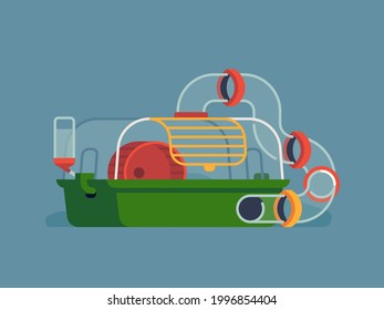 Hamster cage. Cool vector flat design element on a small pet rodent keeping essential plastic cage with hamster wheel, tunnels and water bottle