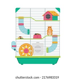 Hamster cage flat image with tunnel exercise wheel water bottle food dish on white background cartoon vector illustration