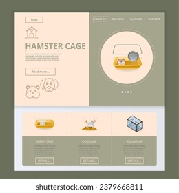 Hamster cage flat landing page website template. Rabbit cage, dog cage, aquarium. Web banner with header, content and footer. Vector illustration.