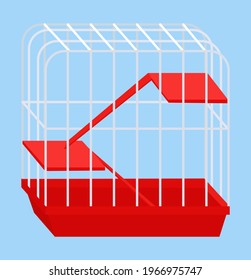 Hamster cage, red plastic pet equipment isolated on blue. Cartoon flat vector illustration of animal house.