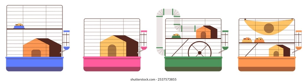 Hamster cage with tunnel, exercise wheel, ladder, water bottle, bed. Vector cartoon illustrations set of home for little mouse, rat isolated. Veterinary accessory. Little pet animal care equipment