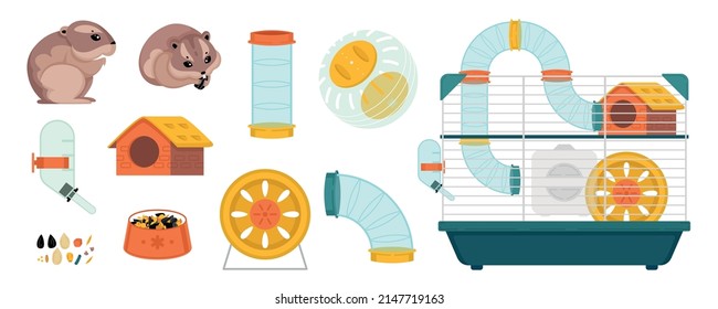 Hamster cage wheel set with isolated icons of domestic enclosure box with drinking bowl spin cycle vector illustration