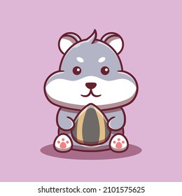 Hamster cartoon character holding sunflower seeds. Flat cartoon style. Animal concept isolated on purple background.